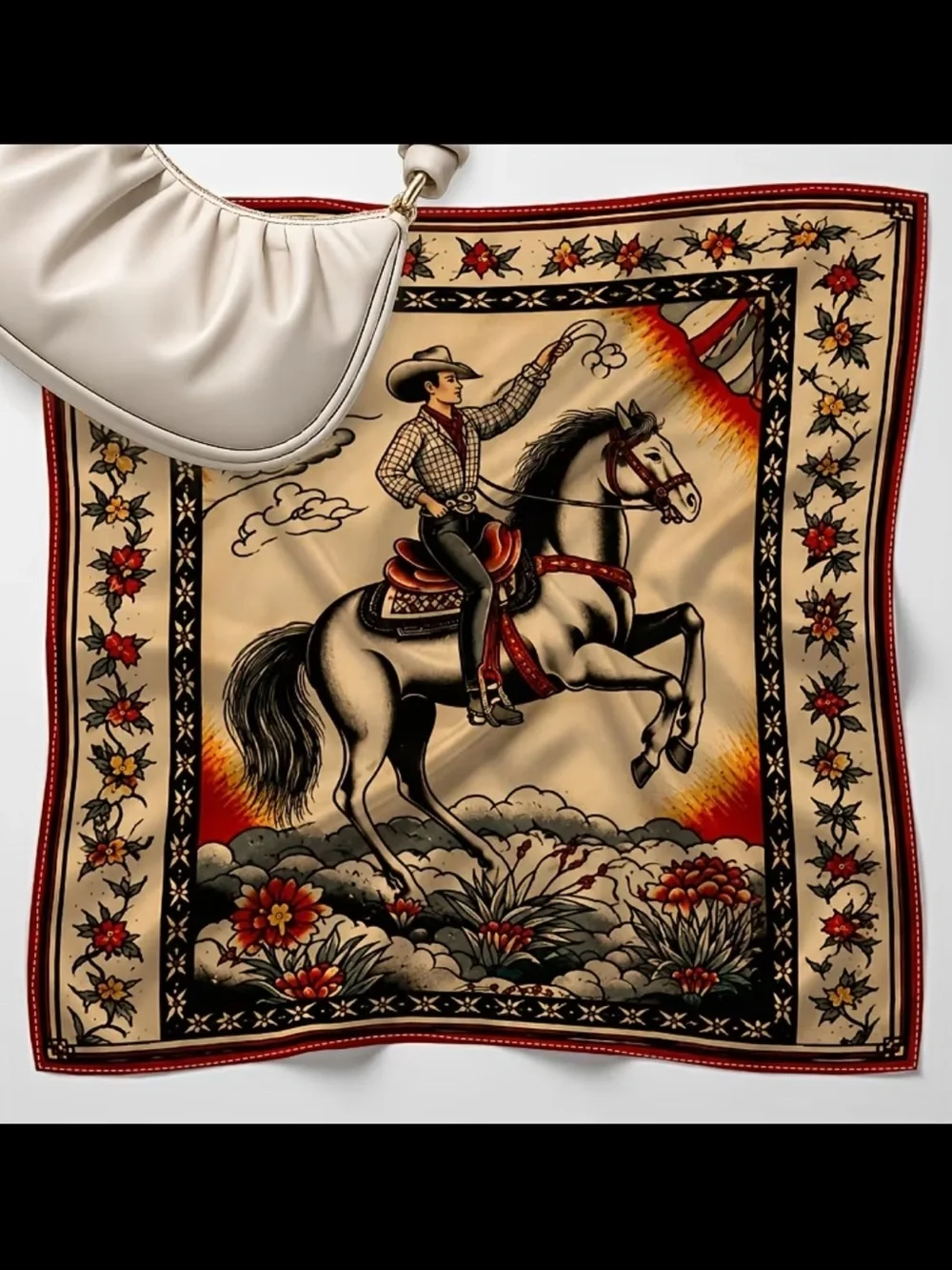 Western Equestrian Novel Scarf Cowboy Print Silky Scarf - Cream & Red